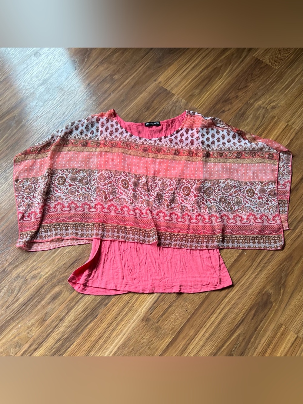 cha cha vente Pink Coral Layered Printed Tunic Top